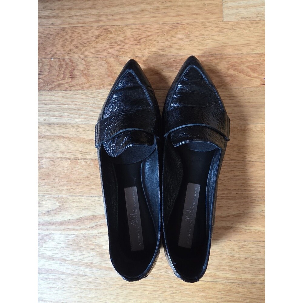 AGL Shoes Womens Sz 38.5 Metallic Crinkled Black Leather Pointed Toe Flat Italy